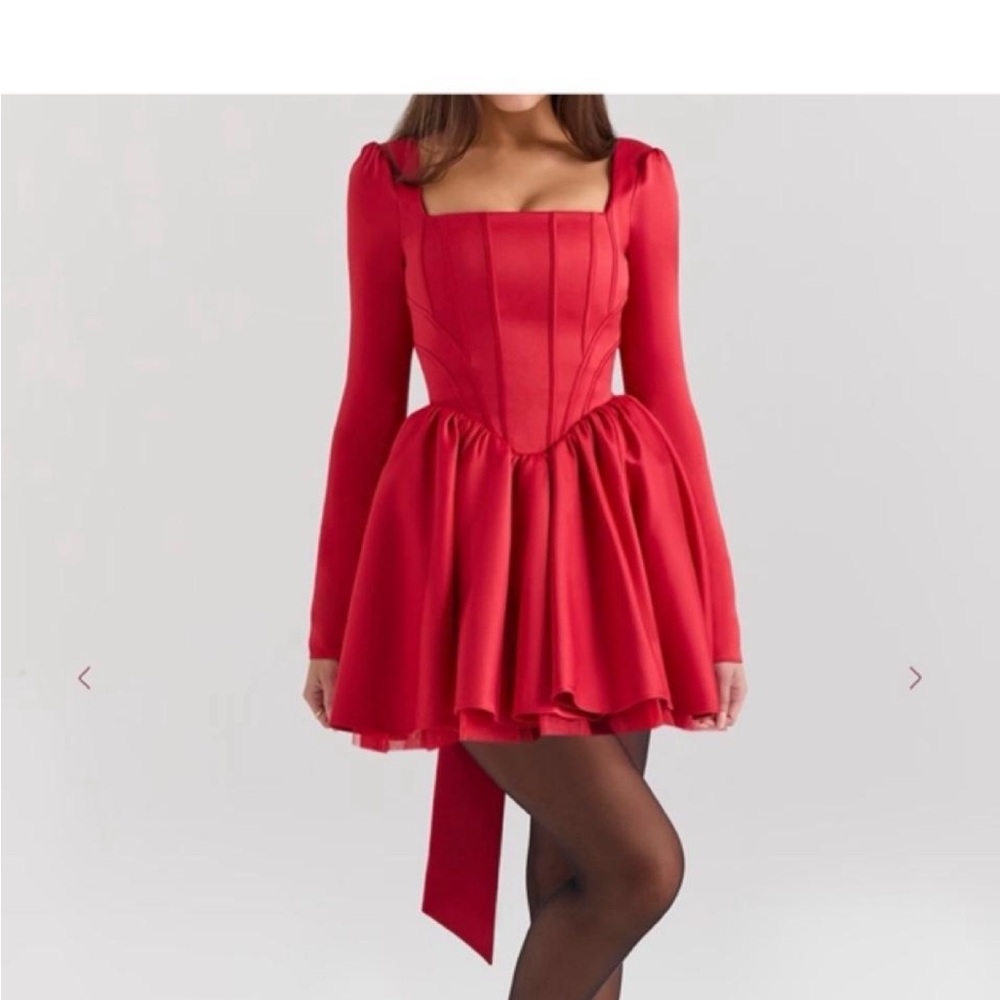 Red Long-Sleeve Square-Neck Mini Dress